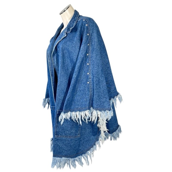 VTG CELE'S COLLECTION Silver Stud Denim Fringe Poncho Jacket Women's Size L - Picture 5 of 16